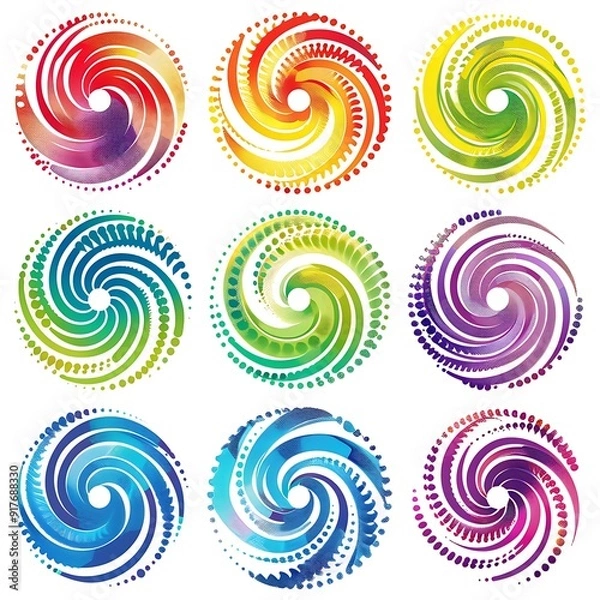 Fototapeta Vortex symbols with colorful ripple effects and swirled polka dot lines forming circular shapes, vector illustration on white..