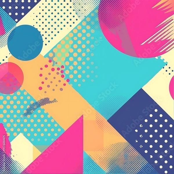 Fototapeta Playful polka dot backdrop with colorful geometric designs and fun tones...