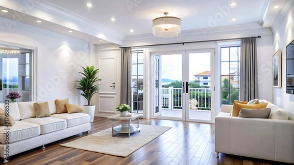 Fototapeta Interior of empty spacious living room with white walls and laminated floor with doors leading to balcony