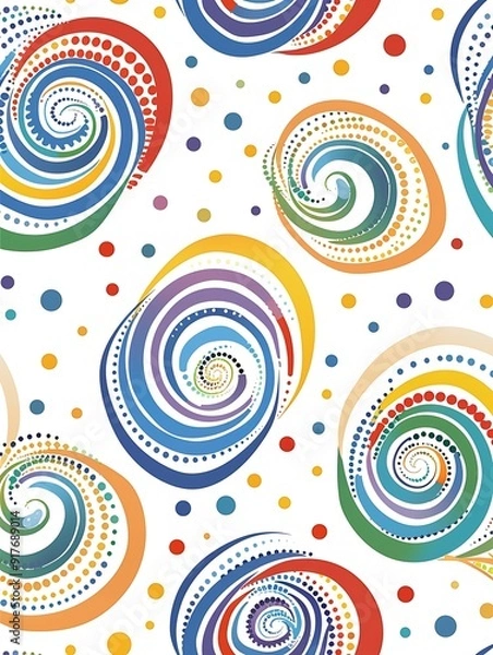 Fototapeta Whirlpools with multicolored dot patterns Circular ripple graphics on white background, vector design..