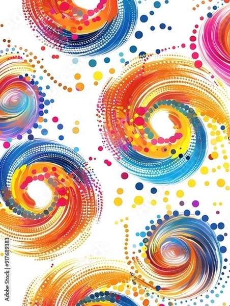 Fototapeta Multicolored polka dot whirlpool symbols forming ripple circles, vector graphic on white..