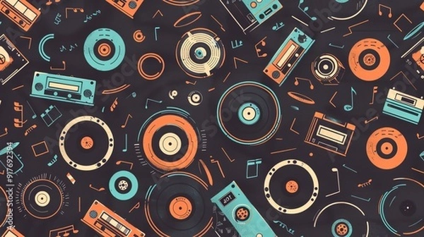 Fototapeta Design a seamless pattern featuring retro music elements like vinyl records, cassette tapes, and boomboxes
