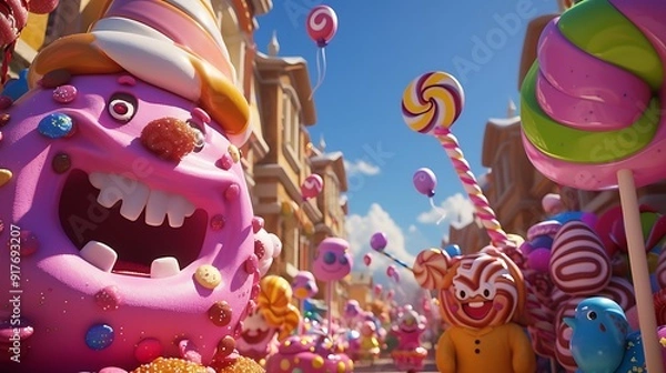 Fototapeta The image of a candy-themed parade with colorful floats, depicting larger-than-life candy characters, capturing the festive and whimsical essence of Candy Month, in stunning