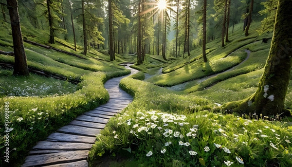Fototapeta A serene forest scene with tall trees and lush green ferns. Sunlight filters through the branches, creating a mystical atmosphere. A path leads through the vibrant greenery, inviting exploration.