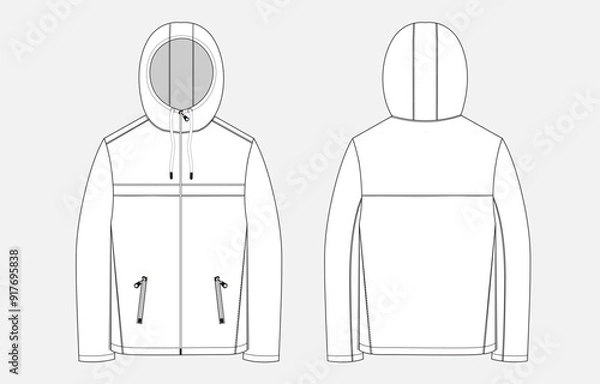 Fototapeta Long sleeve hoodie technical drawing fashion flat sketch vector illustration template front and back views. 