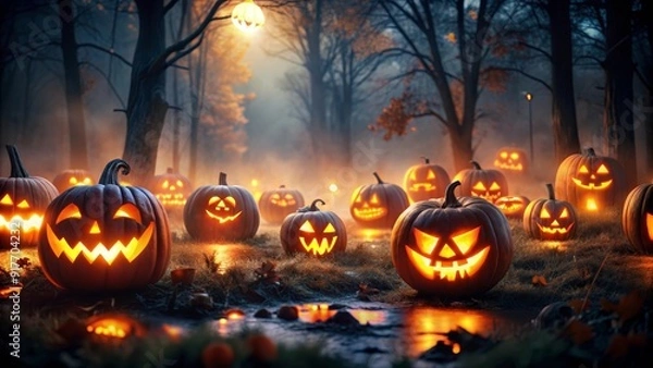 Fototapeta Spooky Halloween Jack-O-Lanterns in a Foggy Forest - A group of glowing jack-o-lanterns illuminate a mysterious forest path, shrouded in fog, symbolizing Halloween, autumn, spooky, magic, and mystery.