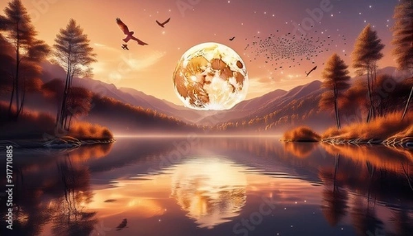 Fototapeta 満月、湖、夕暮れ、飛び立つ鳥たち、シルエット、月光の反射、静寂の水面、自然の風景、幻想的