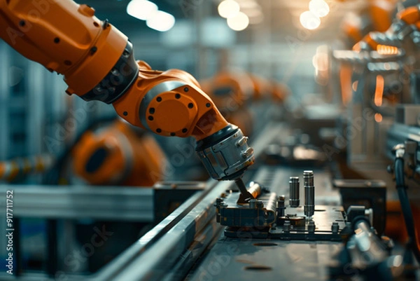 Fototapeta An industrial robot arm picking parts showcasing the role of automation in enhancing efficiency and reducing human toil