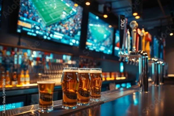 Fototapeta A bar counter with taps and beer cups in the background romanized screen of a football match and bar