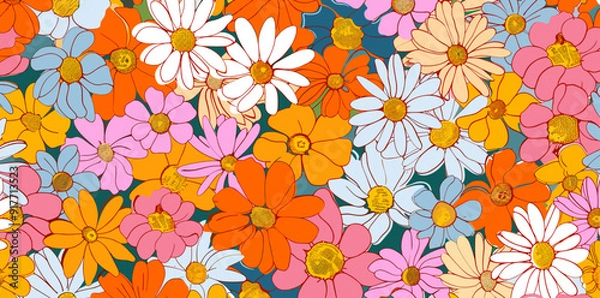 Fototapeta A vibrant pattern of daisies and other flowers in a mix of colours perfect for adding a touch of floral joy to your design projects