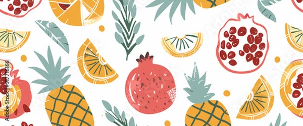 Fototapeta A colorful and vibrant seamless pattern featuring pineapples oranges and pomegranates. This pattern is perfect for adding a touch of summer to any design project