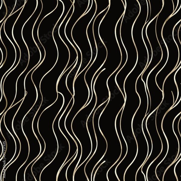 Fototapeta Abstract gold wavy lines pattern on a black background. This design is perfect for creating modern and stylish backgrounds patterns and textures