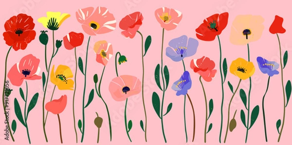 Obraz A vibrant collection of poppy flowers with delicate stems and leaves rendered in a stylized flat design on a pink background