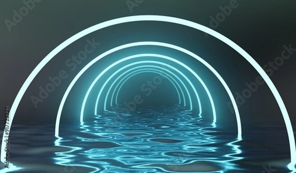 Fototapeta Neon circle on water surface, Glowing walkway, Pool showroom, Technology, Podium, Product presentation, Modern sea scene, Technology, Future, Sci Fi, 3D illustration