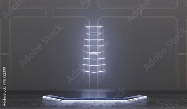 Fototapeta Technology Neon podium, Dark square podium, Product presentation, Dark digital scene, Glowing walkway, Showroom, Technology, Future, Modern, Sci Fi, 3D illustration