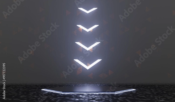 Fototapeta Technology Neon podium, Dark square podium, Product presentation, Dark digital scene, Glowing walkway, Showroom, Technology, Future, Modern, Sci Fi, 3D illustration