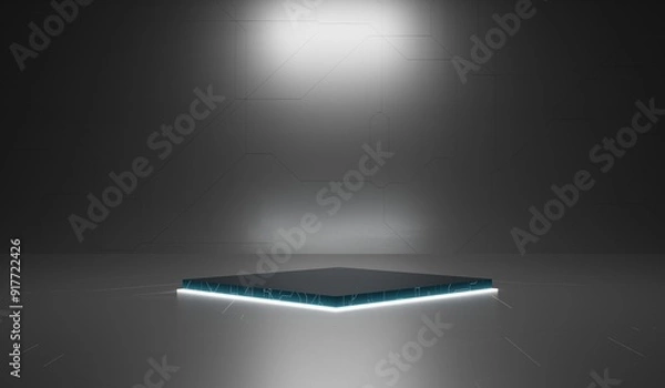 Fototapeta Technology podium, neon light, dark square podium, product presentation, dark digital scene, glowing spaceship corridor, black background, showroom, technology, future, modern, sci fi, 3d illustration
