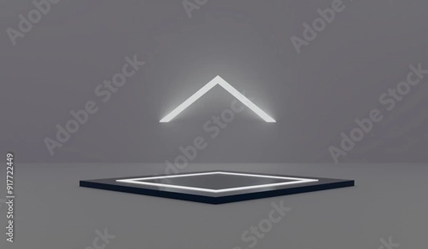Fototapeta Technology podium, neon light, dark square podium, product presentation, dark digital scene, glowing spaceship corridor, black background, showroom, technology, future, modern, sci fi, 3d illustration