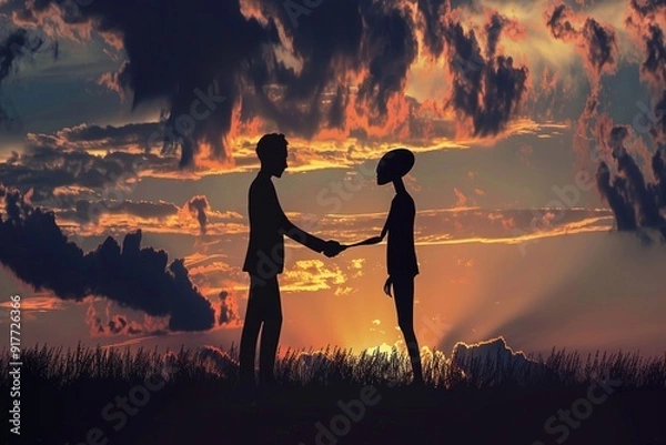 Fototapeta ai generative humans shake hands with aliens