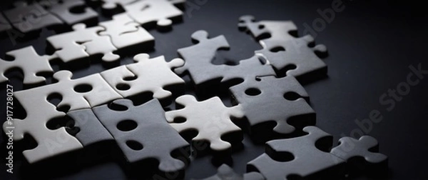 Fototapeta White puzzle pieces scattered on a black background, symbolizing challenge and creativity