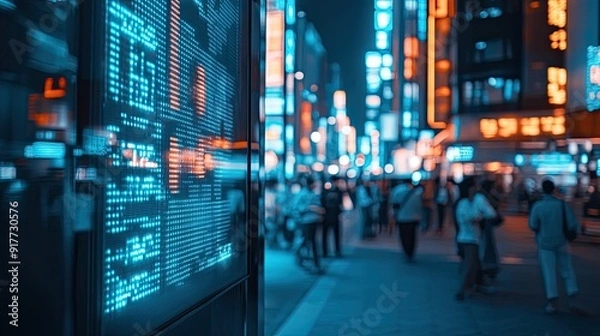 Fototapeta A busy urban street with people gazing at a brightly lit digital stock market board. The background is blurred to emphasize the display and leave space for text.
