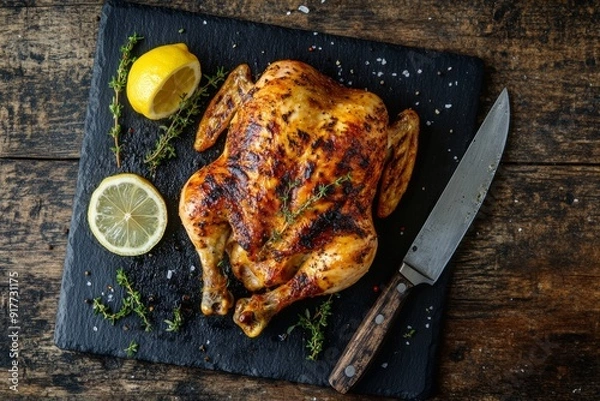 Obraz A whole roasted chicken with lemon wedges and thyme on a black slate board.