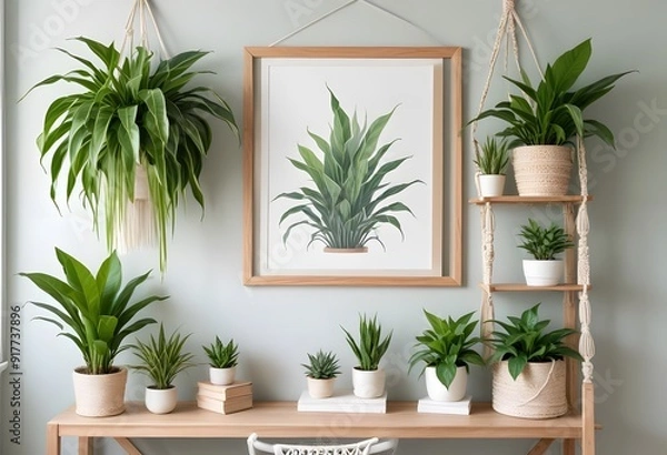 Fototapeta A wooden shelf with white framed wall hanging, various potted cacti and succulents, a and other decorative items