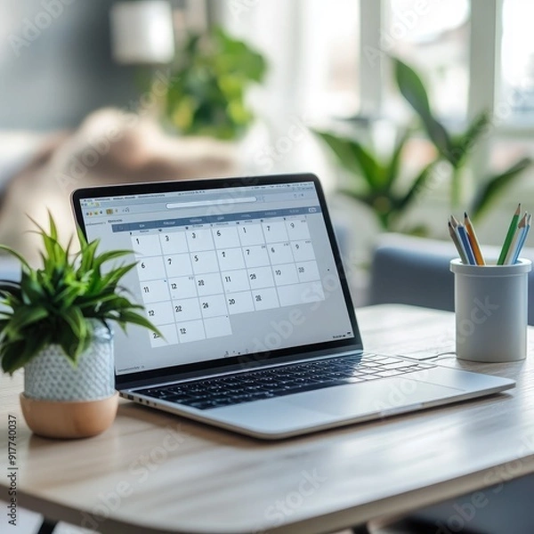 Obraz Open laptop with calendar app on the screen, Monday morning, scheduling and planning