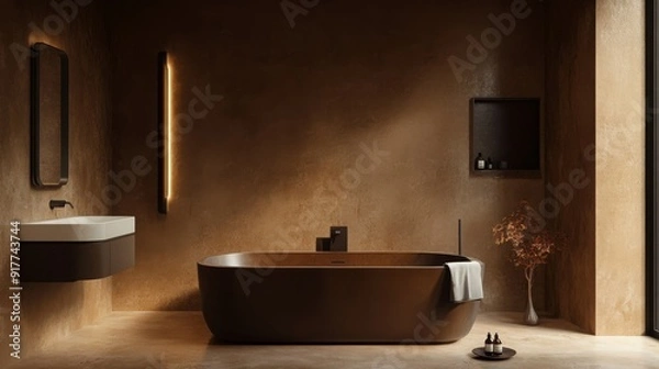 Fototapeta A modern bathroom with a freestanding bathtub, a sleek sink, and warm lighting. The earthy tones create a serene and luxurious atmosphere.