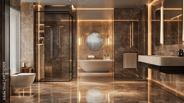 Fototapeta A modern bathroom with a sleek design.  Featuring a bathtub, shower, and vanity with golden accents.