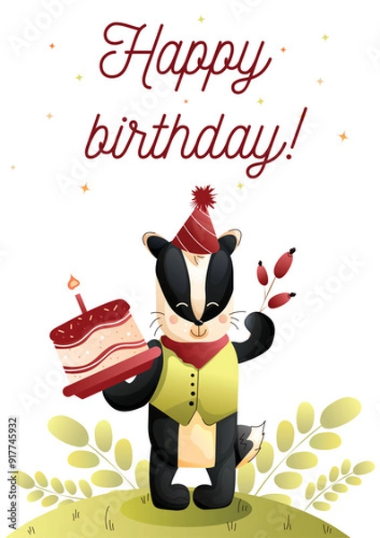 Obraz Childreans cute greeting card. Cute badger celebrating a birthday with a cake and festive decorations. Vector.