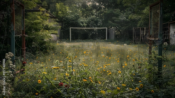 Fototapeta A field of yellow flowers with a red gate in the background