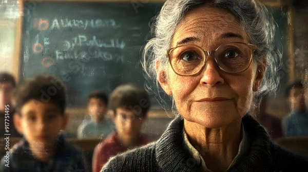 Fototapeta Teacher's Face in a Classroom: A teacher's face, warm and approachable, with a chalkboard behind and students blurred in the background.  
