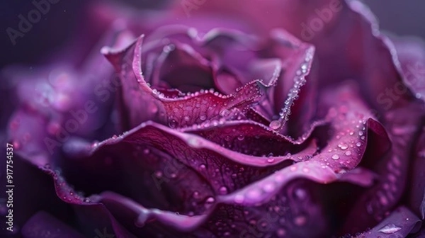 Fototapeta  A close-up of a purple rose with water droplets on its petals, each petal fully coated in droplets