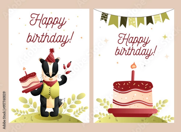 Obraz Childrens cute greeting card. a set of greeting cards with a cute badger and a birthday cake. Vector.