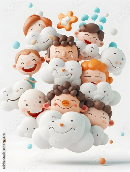 Fototapeta People Floating Clouds Joyful Faces Dreamy Atmosphere Seamless Happy Friendly White Background   3D Flat Icon