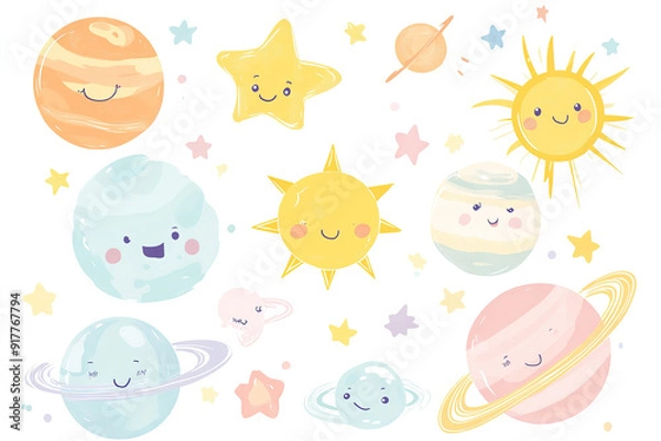 Fototapeta Pastel-Colored Vector Set of Adorable Planets, Sun, and Stars in Kawaii Style, Ideal for Baby Room Wallpaper or Sticker Print, Isolated on White Background

