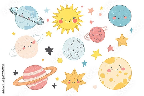 Fototapeta Pastel-Colored Vector Set of Adorable Planets, Sun, and Stars in Kawaii Style, Ideal for Baby Room Wallpaper or Sticker Print, Isolated on White Background

