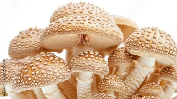 Fototapeta A close-up of a cluster of shiitake mushrooms with detailed textures of the caps and stems, isolated on a clean white background.