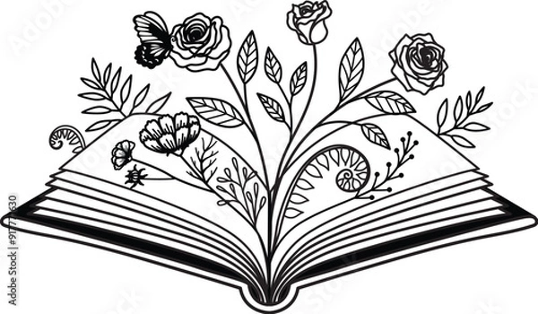 Obraz Flowers and butterfly on open book stacks with editable strokes. Vector illustration.