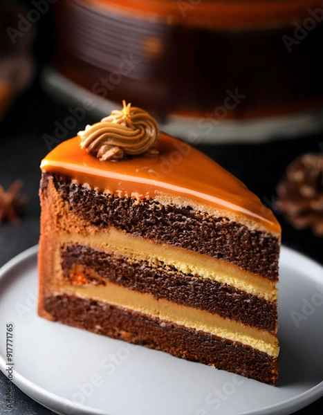 Fototapeta Slice of chocolate cake with a layer of caramel. 