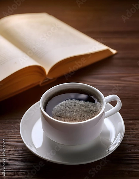 Fototapeta cup of coffee with an open book on a wooden table. still life