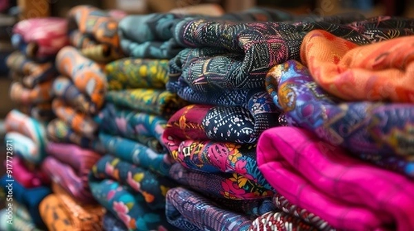 Fototapeta A pallet has an array of colorful scarves stacked and folded