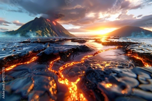 Fototapeta Lava Flowing into the Ocean at Sunset.
