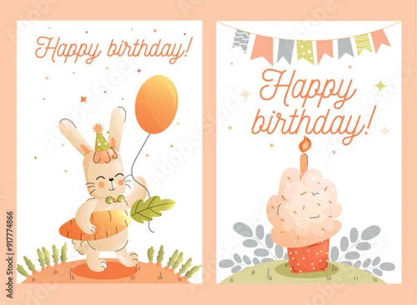 Obraz Childrens cute greeting card. A birthday card design featuring a rabbit, a balloon and a cupcake with a candle. Vector.