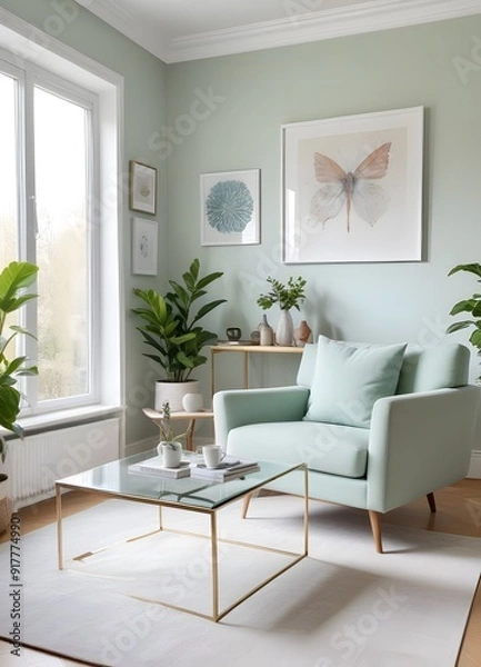 Fototapeta A modern office wafting room with sofa. The room features a white sofa and chairs 