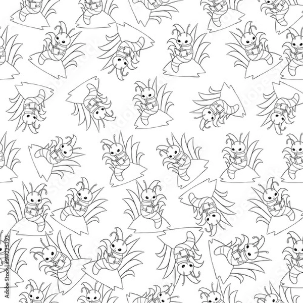Fototapeta Cute Little Bookworm Inspired Repeat Pattern Design as Coloring Books