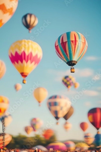 Fototapeta A colorful hot air balloon festival with miniature balloons floating in the sky, enhanced by the tilt-shift effect. 