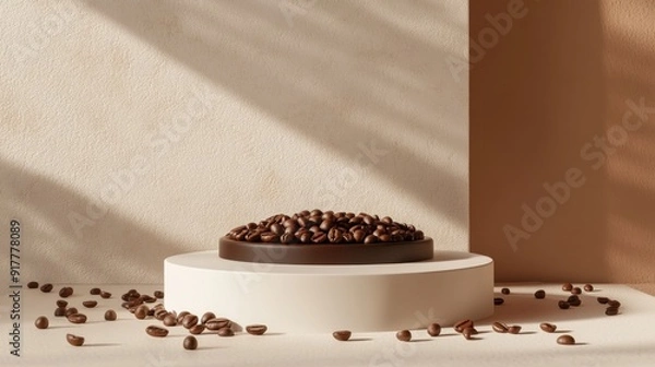 Fototapeta 3d rendering of coffee beans on white podium with brown background for product presentation, mockup design template, Minimal