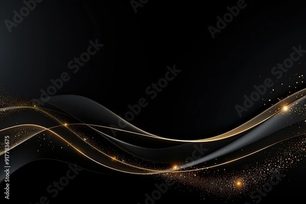 Fototapeta Abstract black background with gold glitter and wavy lines.